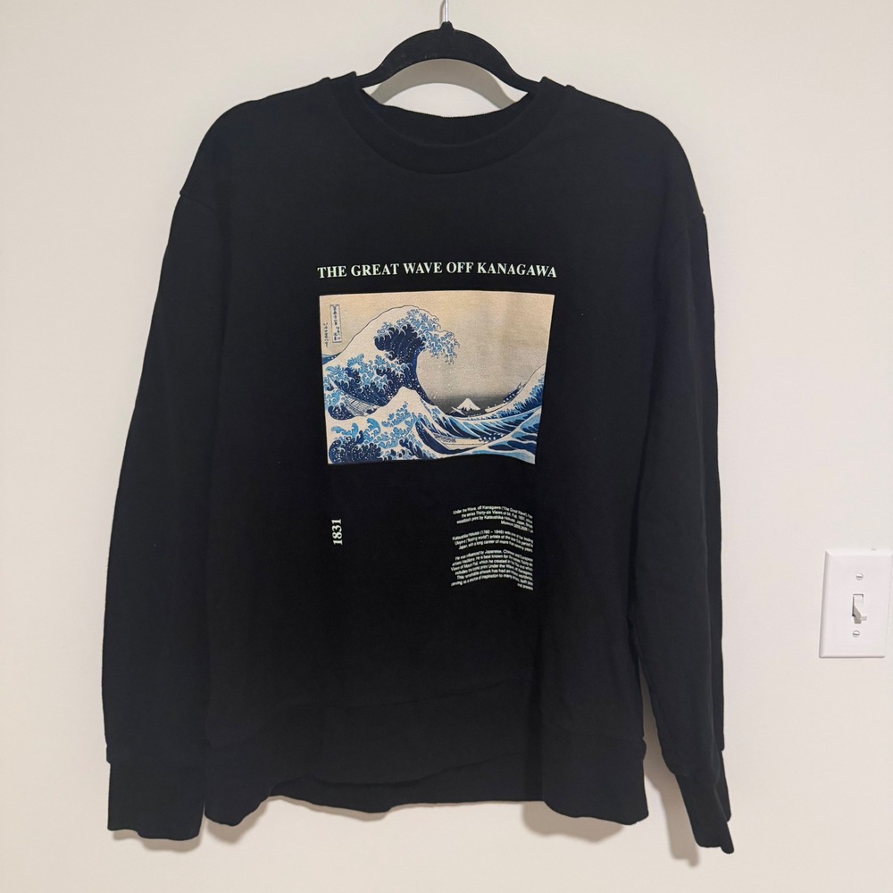 APOH The Great Wave Off Kanagawa Black Graphic Sweatshirt Mens Large Hokusai Art